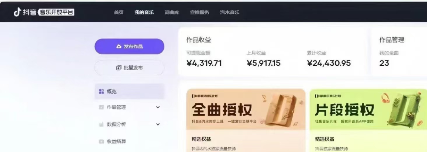 抖音汽水音乐人计划无脑月入5000+操作简单实操已落地-91创业项目库