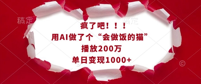 疯了吧！用AI做了个“会做饭的猫”，播放200万，单日变现1k-91创业项目库