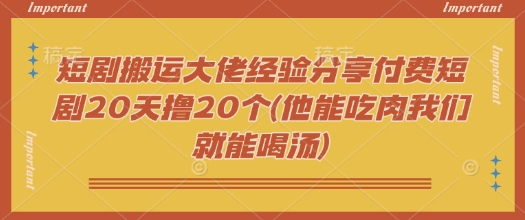 短剧搬运大佬经验分享付费短剧20天撸20个(他能吃肉我们就能喝汤)-91创业项目库