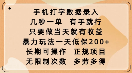 手机打字数据录入，几秒一单，有手就行，只要做当天就有收益，暴力玩法一天低保2张-91创业项目库