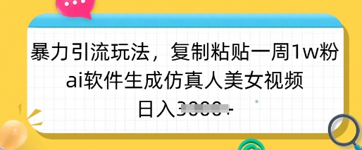 暴力引流玩法,复制粘贴一周1w粉,ai软件生成仿真人美女视频,日入多张-91创业项目库