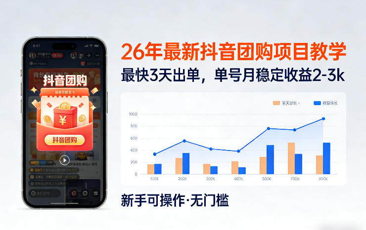 26年最新抖音团购项目教学，0门槛，最快3天出单，单号月稳定收益2-3k(更新3月19日)-91创业项目库