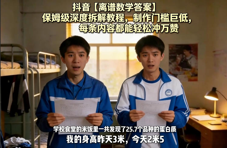 抖音【离谱数学答案】保姆级深度拆解教程，制作门槛巨低，每条内容都能轻松冲万赞，附详细步骤-91创业项目库