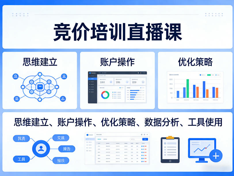 竞价培训直播课,覆盖思维建立、账户操作、优化策略、数据分析、工具使用等,全方位提升效果-91创业项目库