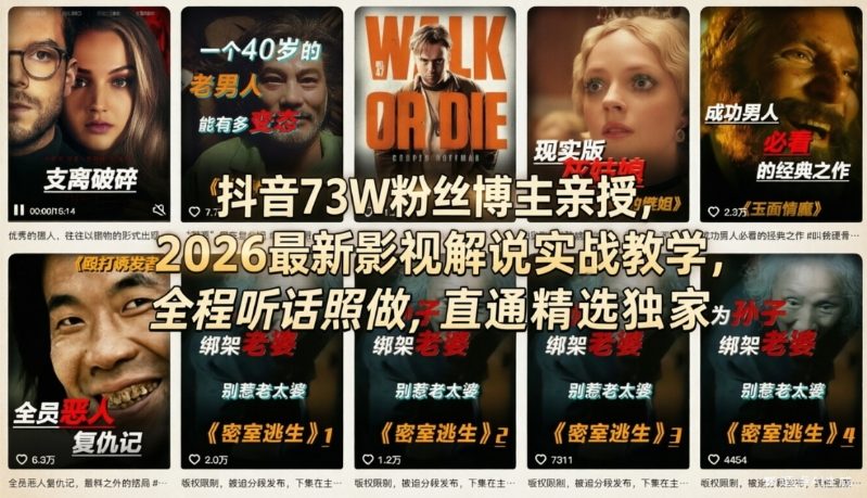 抖音73W粉丝博主亲授,2026最新影视解说实战教学,全程听话照做,直通精选独家-91创业项目库