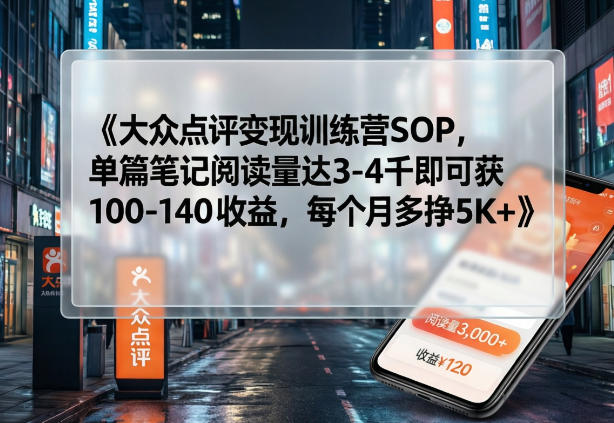 大众点评变现训练营SOP，单篇笔记阅读量达3-4千即可获100-140收益，每个月多挣5K+-91创业项目库