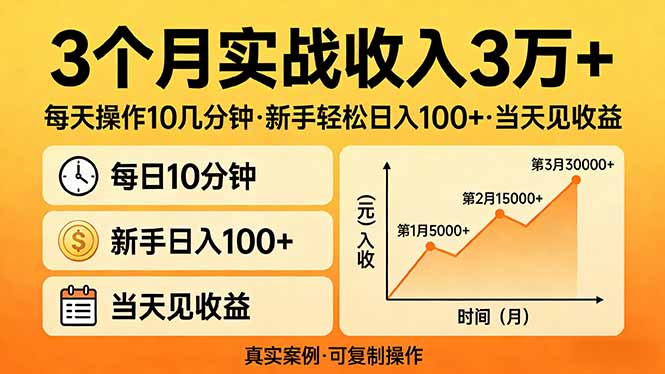 3个月实战收入3万+，每天操作10几分钟，新手轻松日入100+，当天见收益-91创业项目库