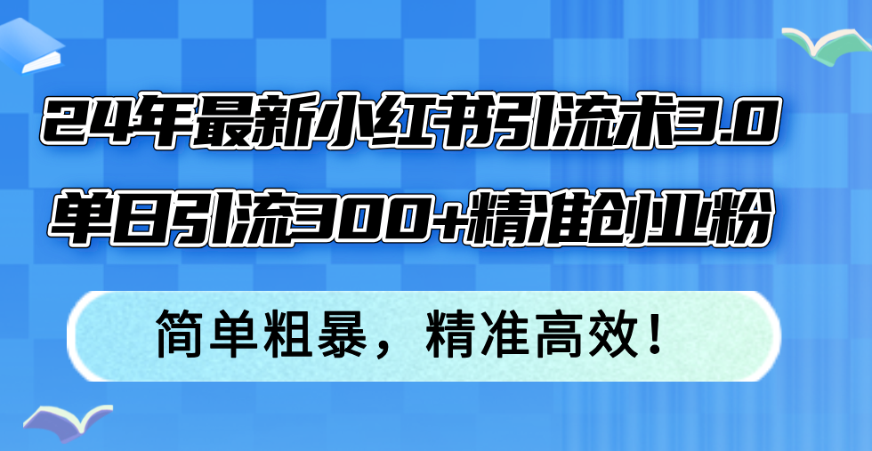 24年最新小红书引流术3.0，单日引流300+精准创业粉，简单粗暴，精准高效！-91创业项目库