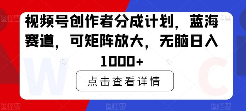 视频号创作者分成计划，蓝海赛道，可矩阵放大，无脑日入1000+-91创业项目库