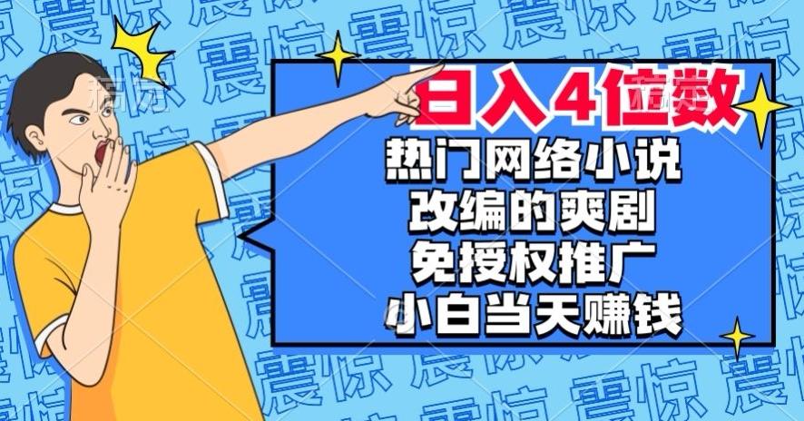 热门网络小说改编的爽剧，免授权推广，新人当天就能赚钱，日入4位数【揭秘】-91创业项目库