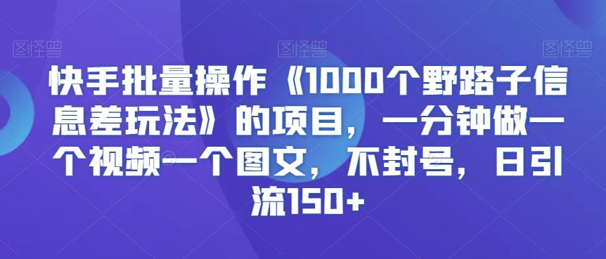 快手批量操作《1000个野路子信息差玩法》的项目，一分钟做一个视频一个图文，不封号，日引流150+【揭秘】-91创业项目库
