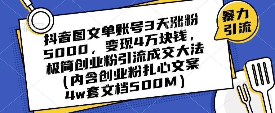 抖音图文单账号3天涨粉5000，变现4万块钱，极简创业粉引流成交大法-91创业项目库