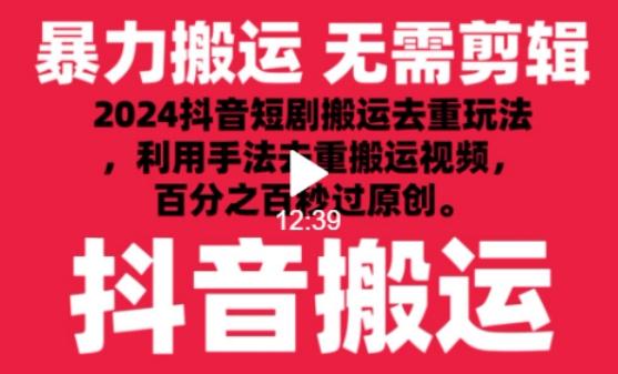 2024最新抖音搬运技术，抖音短剧视频去重，手法搬运，利用工具去重，达到秒过原创的效果【揭秘】-91创业项目库