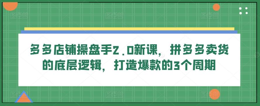多多店铺操盘手2.0新课，拼多多卖货的底层逻辑，打造爆款的3个周期-91创业项目库