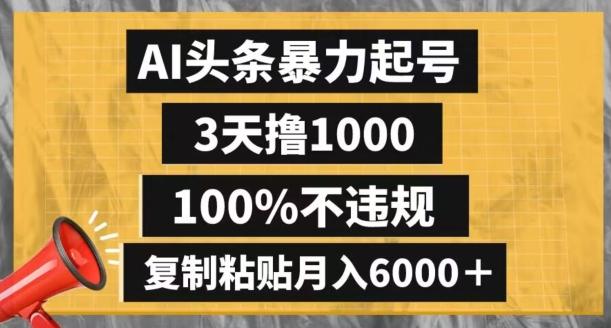 AI头条暴力起号，3天撸1000,100%不违规，复制粘贴月入6000＋【揭秘】-91创业项目库