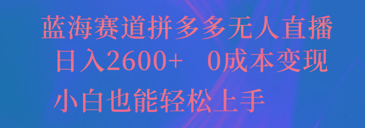 蓝海赛道拼多多无人直播，日入2600+，0成本变现，小白也能轻松上手-91创业项目库