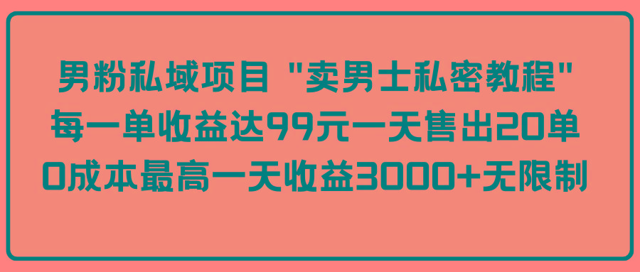(9730期)男粉私域项目 “卖男士私密教程” 每一单收益达99元一天售出20单-91创业项目库